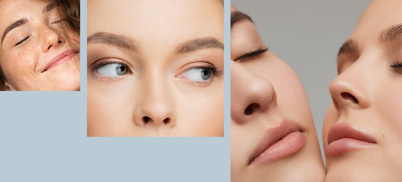 A collage of close-up photographs featuring three women. The first image shows a woman smiling with freckles and closed eyes. The second image is a close-up of a woman's eye, focusing on her eyelashes and eyebrow.