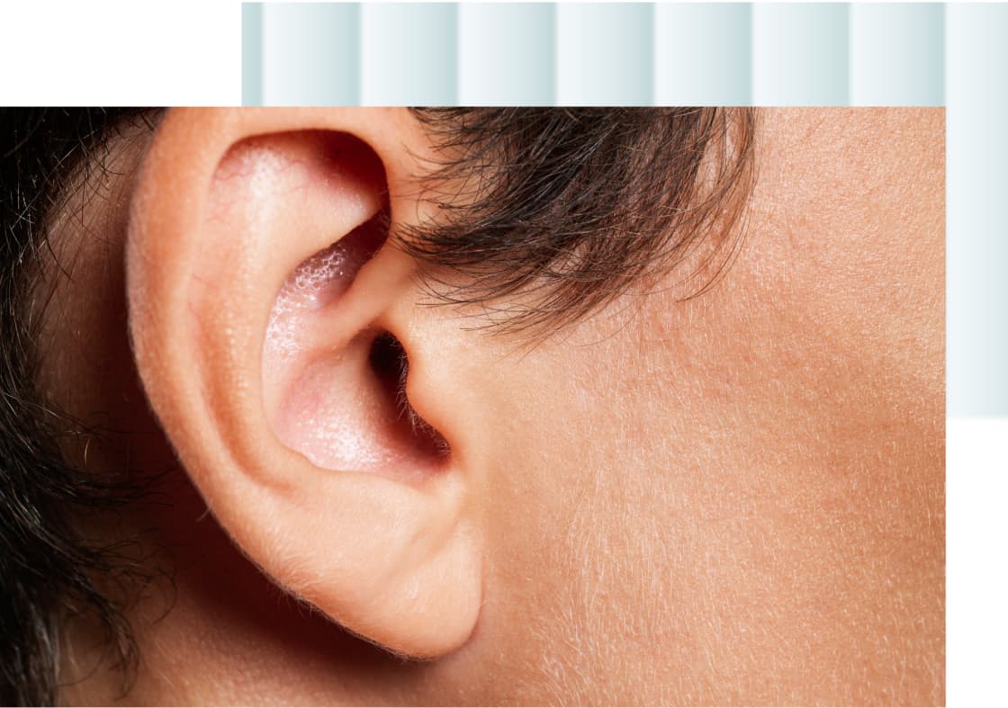 A close-up image of a human ear, showcasing the outer ear structure and surrounding skin.