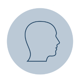 A simple outline of a head in profile view, depicted with a navy blue line.