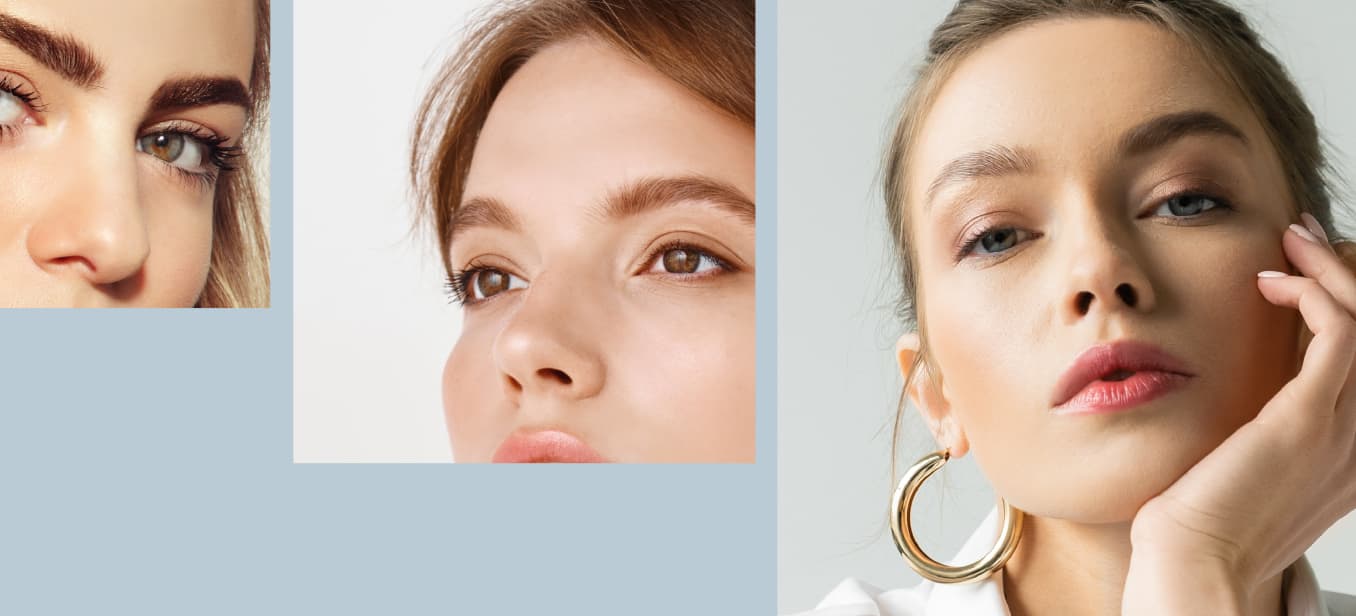 A close-up image of three different women's faces showcasing their eyes and skin tones. The first face has prominent eyebrows, the second has well-defined eyes, and the third features a woman with light lips and a large hoop earring resting her hand on.