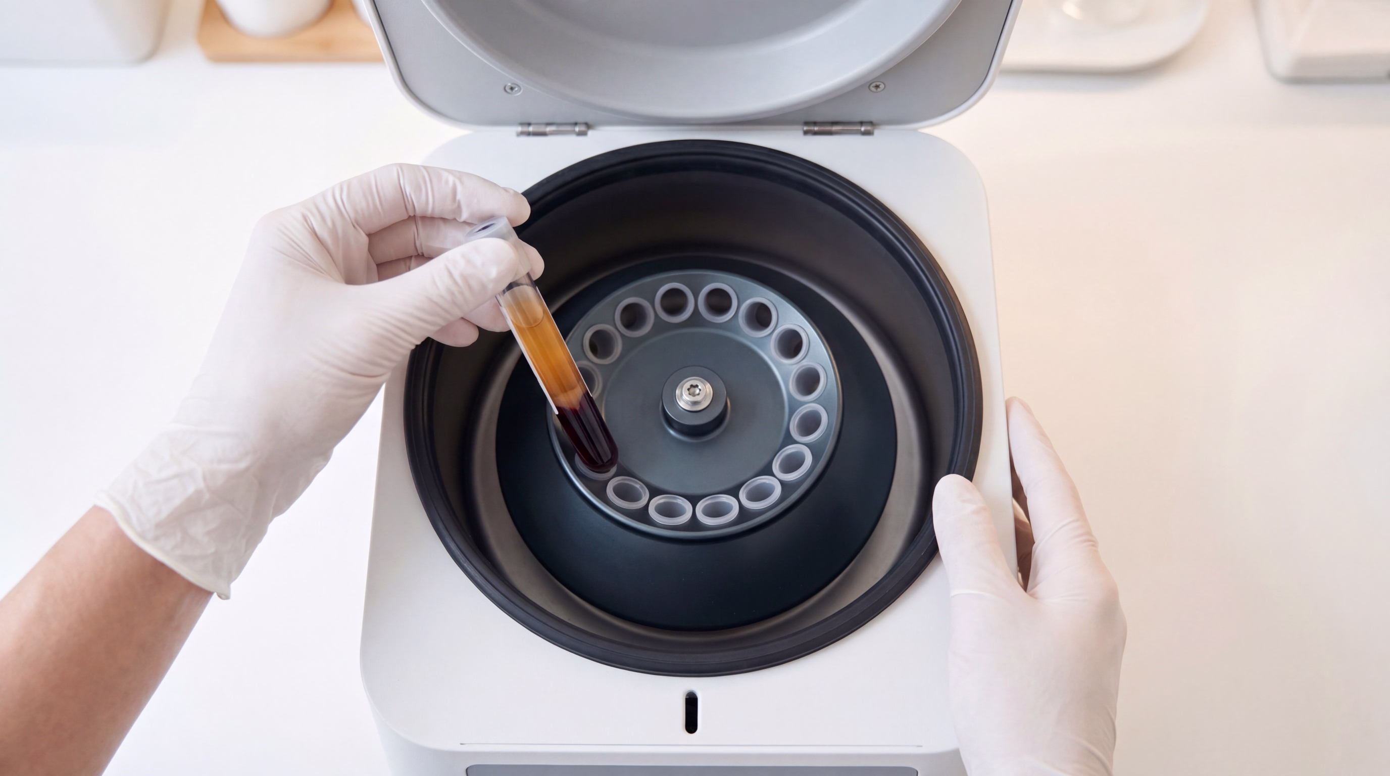 A person wearing gloves is holding a test tube filled with a liquid, placing it into a centrifuge that has multiple slots for test tubes.