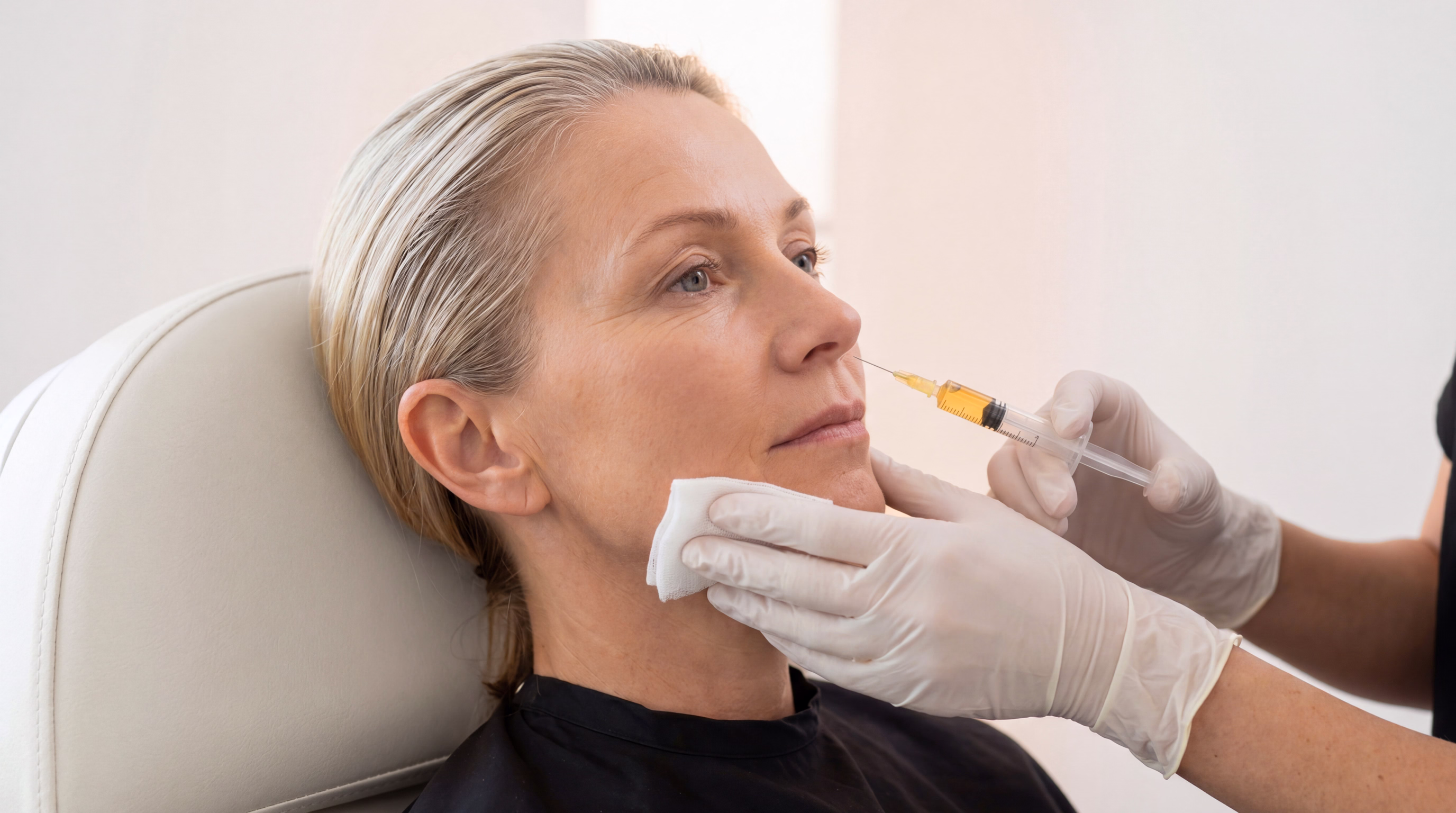 A woman receiving a cosmetic injection while sitting in a chair, with a healthcare professional applying a cleansing wipe and holding a syringe.