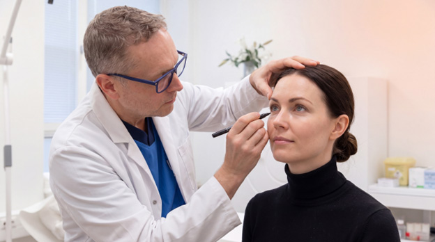 A practitioner in a white coat is marking the eyelids of a patient, who is sitting and looking forward. The practitioner is using a black pen to outline eyelid features.
