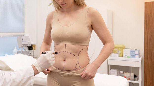 A woman in a neutral tank top is standing, with marked lines on her abdomen created by a healthcare professional using a marker. The lines are dashed, indicating areas of interest for a possible cosmetic procedure.