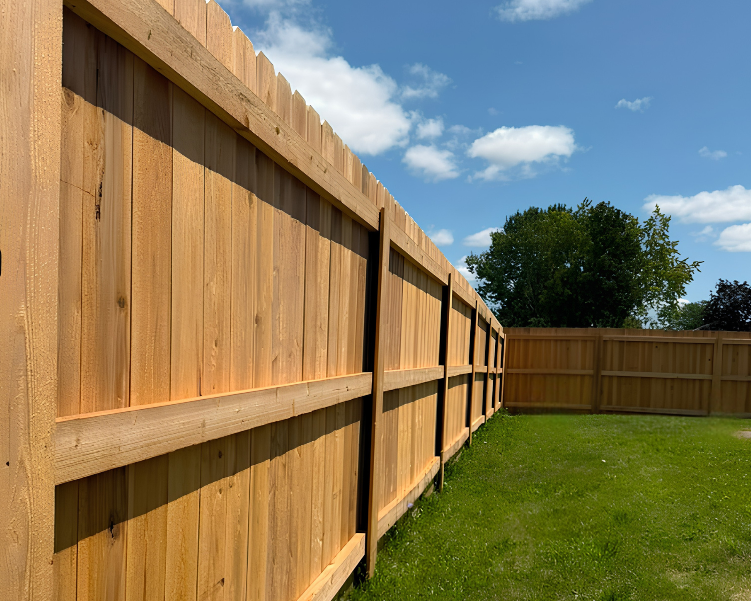 New wood privacy fence lining a sunny backyard with green grass and trees