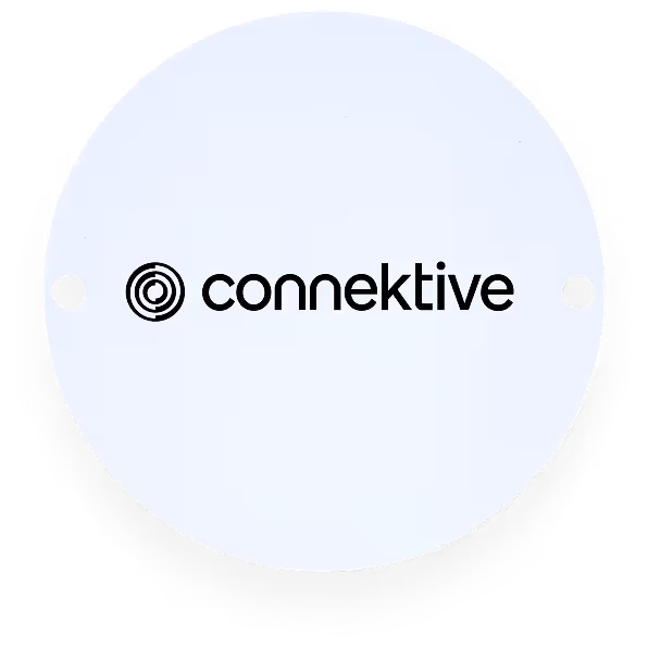 White NFC tag with black Connektive logo and two small black circles on each side.