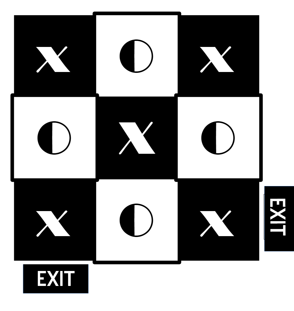 Spotligthers Theatre seating arrayed as on a Tic Tac Toe board with X for stage and O for seats.