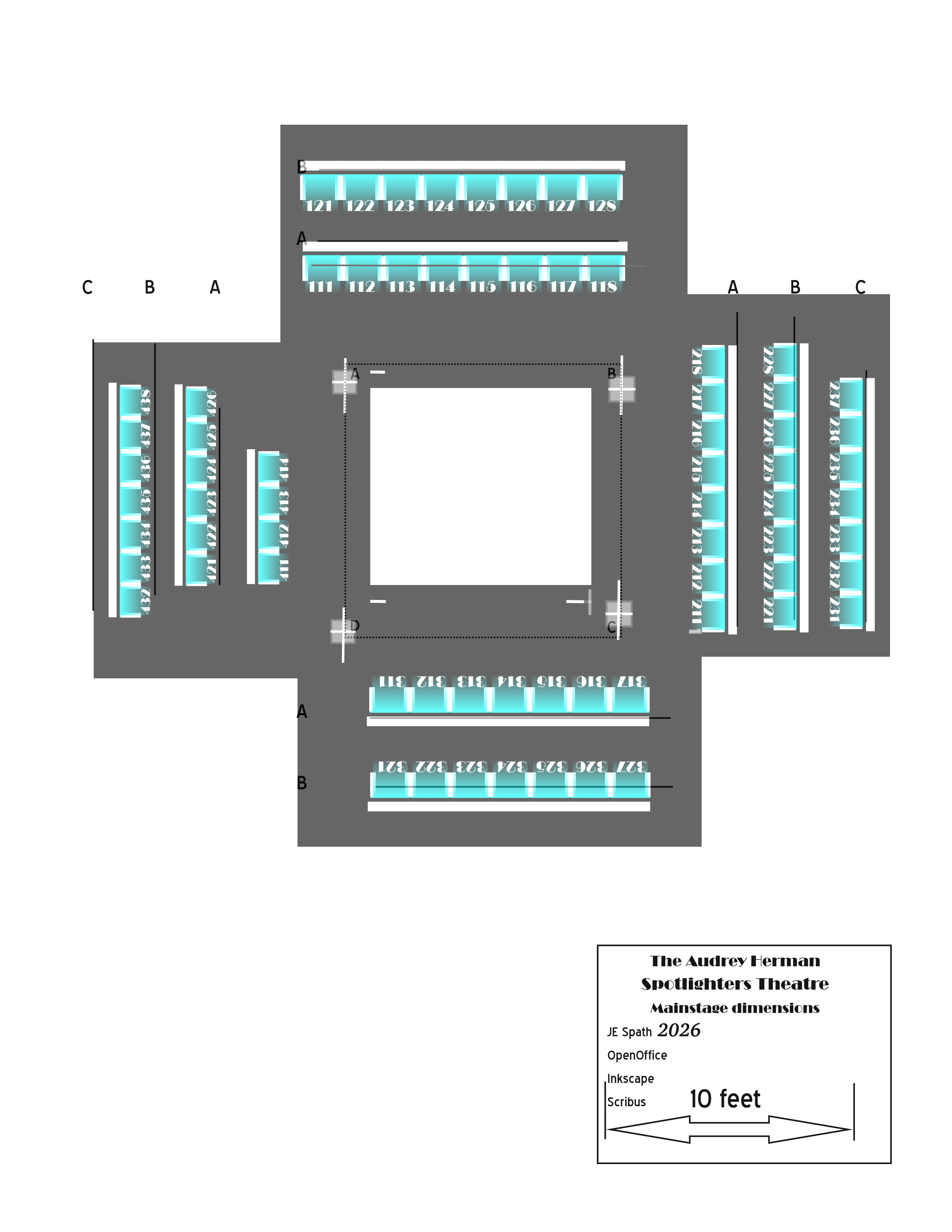 Drawing of seating areas, numbered and somewhat aligned with the posts/columns/obstructions.