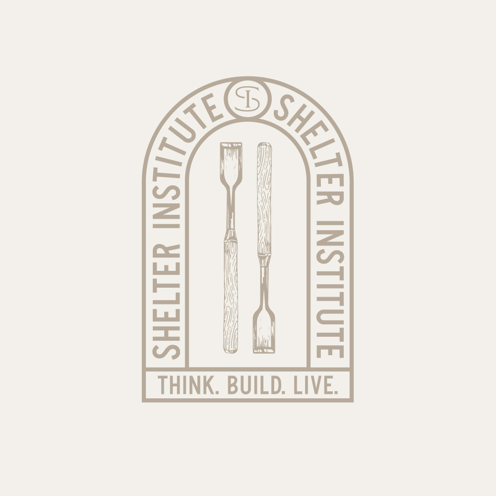 Shelter Institute logo with woodworking tools and "Think. Build. Live." motto