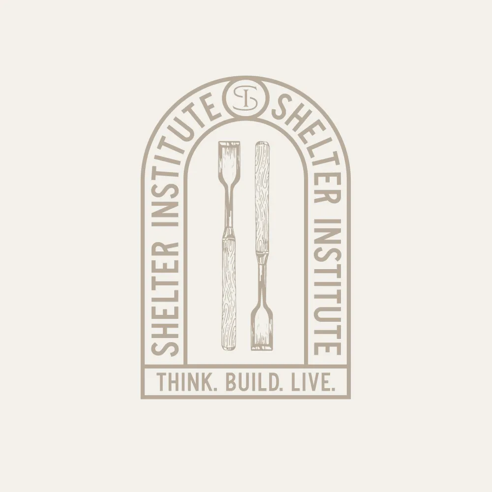 Shelter Institute logo with woodworking tools and "Think. Build. Live." motto