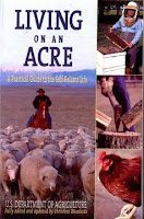 Living on an Acre book cover with rural farm lifestyle scenes and food preparation images