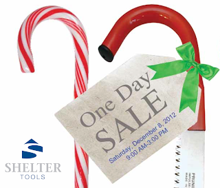 Shelter Tools promotional image with candy canes, sale tag, and green bow decoration.