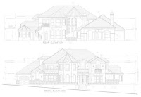 Two architectural floor plans and elevation drawings of residential houses with labeled rooms and measurements.