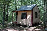 Small wooden cabin with blue roof nestled in dense green forest surrounded by trees