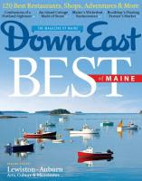 Down East magazine cover featuring colorful fishing boats in Maine coastal harbor waters