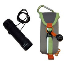 Black compact binoculars with strap and gray carrying pouch with carabiner clip.