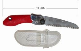 Red and gray folding pruning saw with carrying case, approximately 10 inches long.