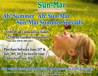 Child in grass with Sun-Mar composting promotional offer and summer specials advertisement.
