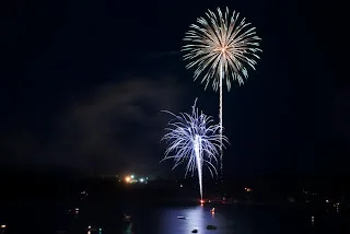 Gold and blue fireworks burst over dark water at night with distant lights