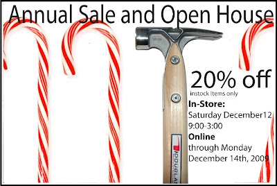 Annual sale flyer with candy canes, hammer tool, and 20% off promotion details