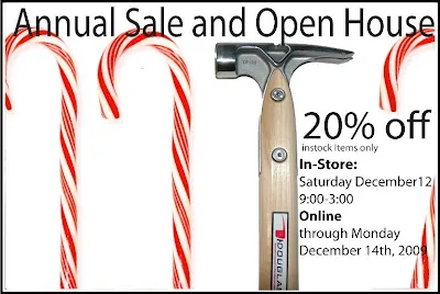 Annual sale flyer with candy canes, hammer tool, and 20% off promotion details