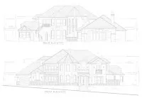 Two architectural floor plans and elevation drawings of residential houses with labeled rooms and measurements.