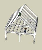 Architectural sketch of a modern house frame structure with geometric roof design