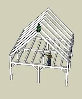 Architectural sketch of a modern house frame structure with geometric roof design