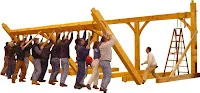 Construction workers building wooden structure frame with ladder and materials