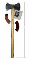 Axe with black head, wooden handle, and burgundy leather grip