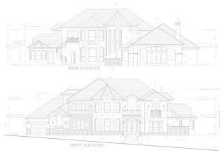 Architectural blueprint drawings of two-story residential house elevations with detailed facade designs
