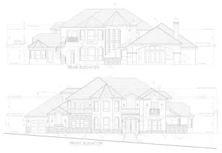 Architectural blueprint drawings of two-story residential house elevations with detailed facade designs