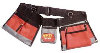 Red and gray canvas tool belt with multiple pockets and brown straps