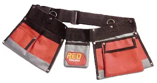 Red and gray canvas tool belt with multiple pockets and brown straps