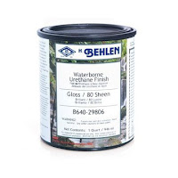 Behlen metal paint can with blue label and product information on white background