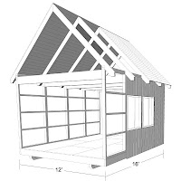 Architectural diagram of a house showing roof pitch, garage door, and dimensions