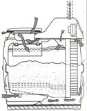 Technical diagram of a washing machine's internal mechanical components and system