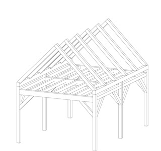 Architectural line drawing of a wooden pergola or pavilion structure with angled roof beams