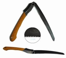 Collection of folding saws with wooden handles and metal blades arranged on white background