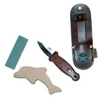 Knife sharpening kit with whetstone, leather strop, and wooden guide tool