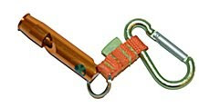 Brown leather keychain with metal rings and green carabiner clip