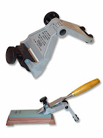 Honing guide tool showing top and bottom views with clamp and wooden handle