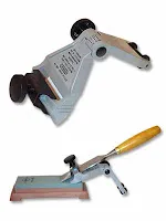 Honing guide tool showing top and bottom views with clamp and wooden handle