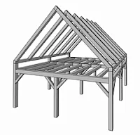 Wooden frame structure with diagonal roof beams and support posts