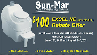 Sun-Mar composting toilet with $100 Excel NE rebate offer promotion details.