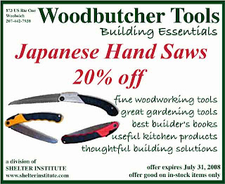 Woodbutcher Tools advertisement featuring Japanese hand saws on sale at 20 percent off