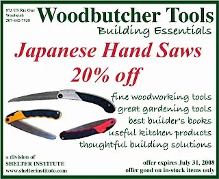 Woodbutcher Tools advertisement featuring Japanese hand saws on sale at 20 percent off
