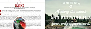 Magazine spread and Maine tourism webpage featuring lobster and coastal scenery