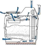 Diagram of agricultural equipment or farming machinery showing internal mechanical components and parts