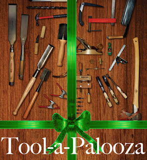 Tool-a-Palooza: Assorted hand tools and hardware arranged around green ribbon bow
